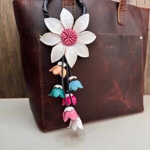 Leather Flower Purse Charm Genuine Leather Fall Daisy Bag Charm NEW FAST SHIP